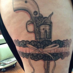Nice 3D Pistol Tattoo On Right Forearm