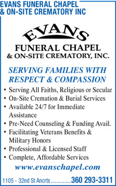 Print Ad of Evans Funeral Chapel & On-Site Crematory Inc